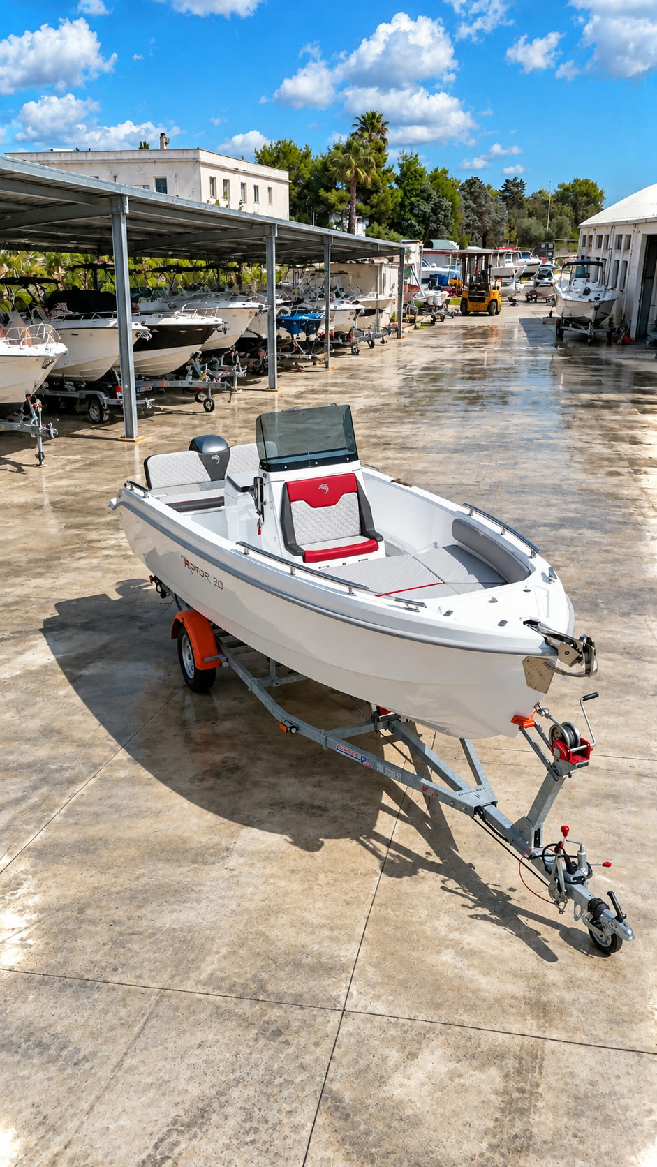Dolphin Marine Raptor 20 — vista di tre quarti, sul carrello di alaggio
