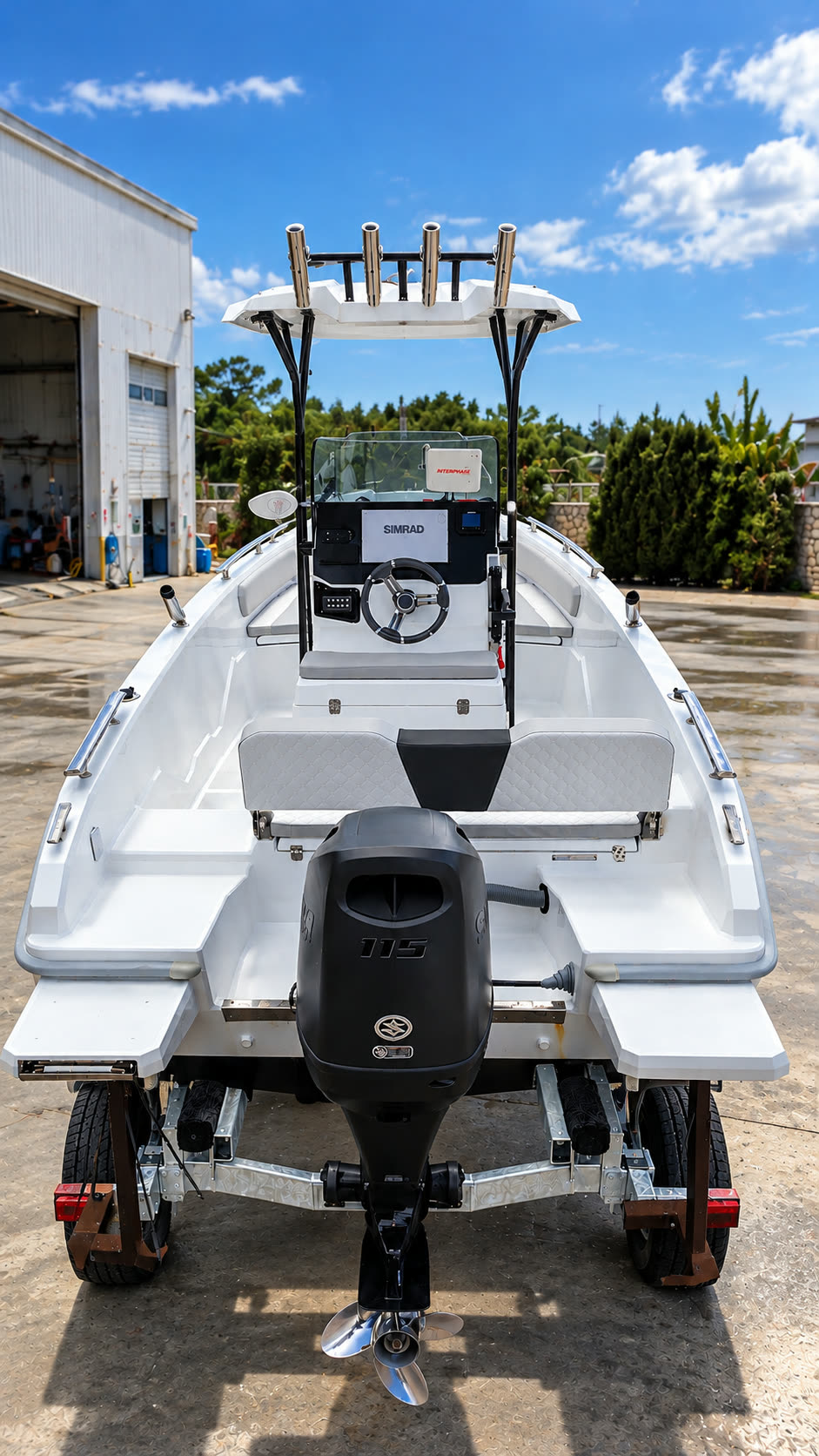 Dolphin Marine Raptor 20 personalizzato con T-top e portacanne — il motore fuoribordo, sul carrello di alaggio