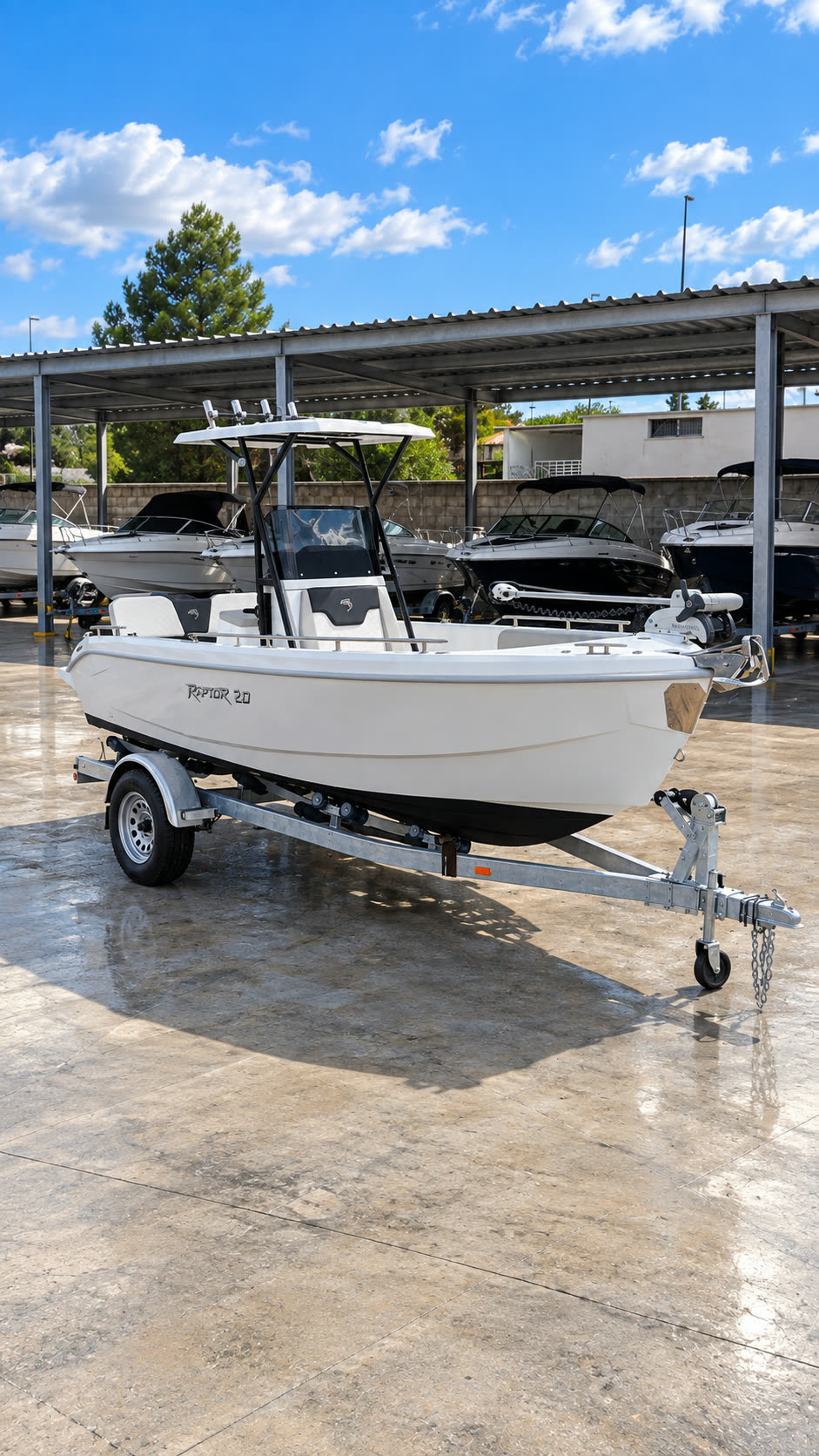 Dolphin Marine Raptor 20 personalizzato con T-top e portacanne — vista di lato, sul carrello di alaggio